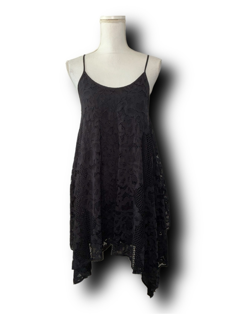 Tassels N Lace Black Slip Dress with Handkerchief Hem Boho Whimsigoth Witchy